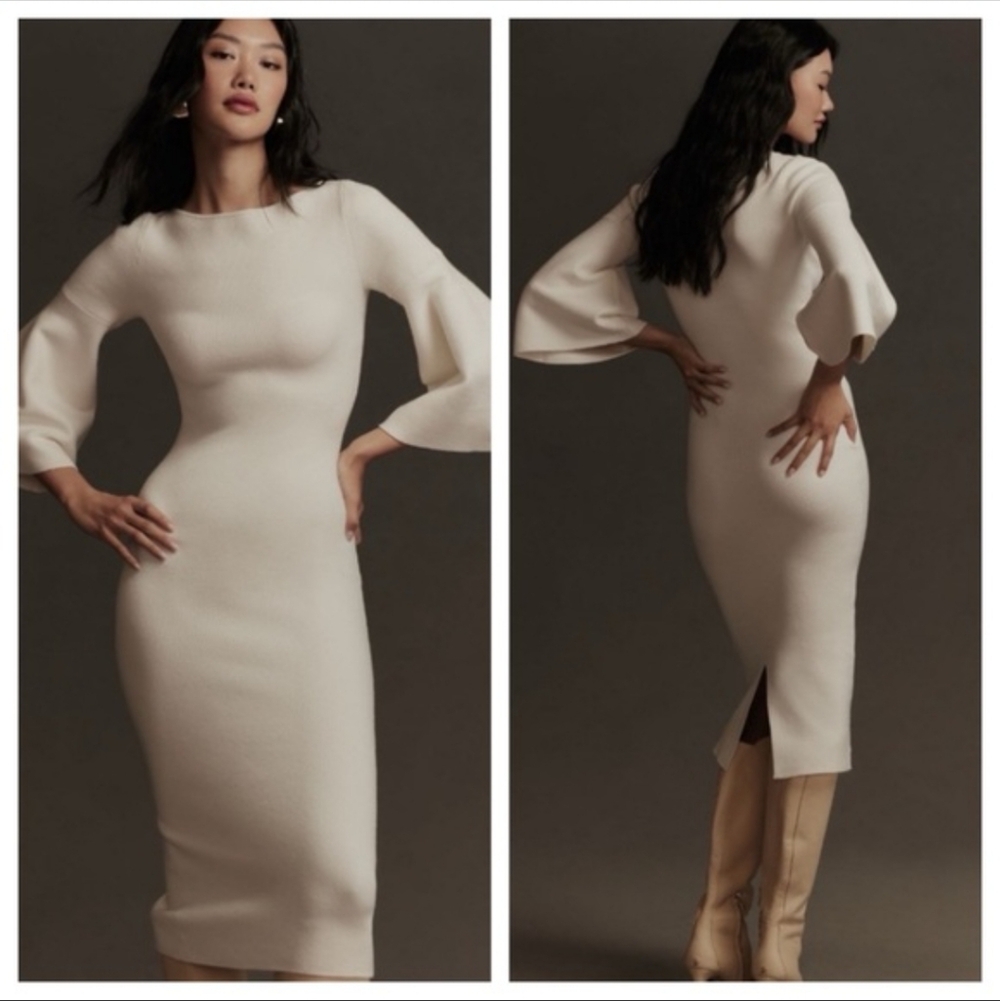 Anthropologie Fluted-Sleeve Elegant Soft Knit Sweater Midi Dress in Ivory XL